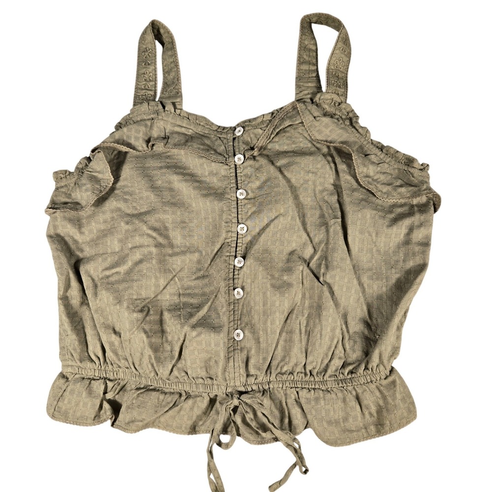 SO Ruffle Tank Sage Green Dobby Button Down Smocked Crop Top Womens Medium NWT‎